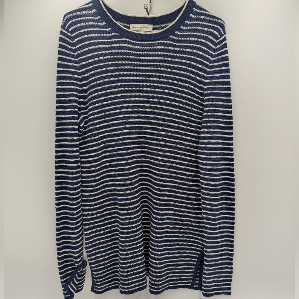 White + Warren Striped Cotton Sweater Ribbed Large Navy White Minimalist chic